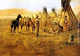 Charles Marion Russell Canvas Paintings - Cowboy Bargaining for an Indian Girl